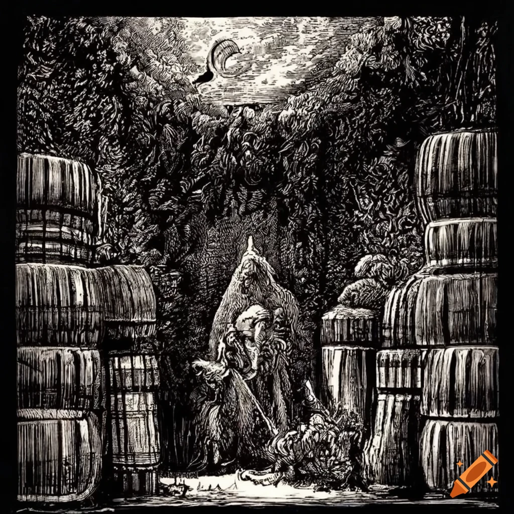 Intricate black and white woodcut etching of a mythical Pub under a moonlit sky with ornate woodcarvings and stacked barrels