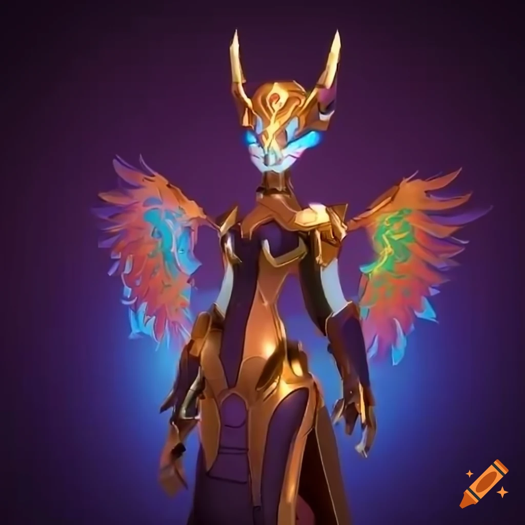 Stylized Valkyrie power armor design with rainbow plasma phoenix theme