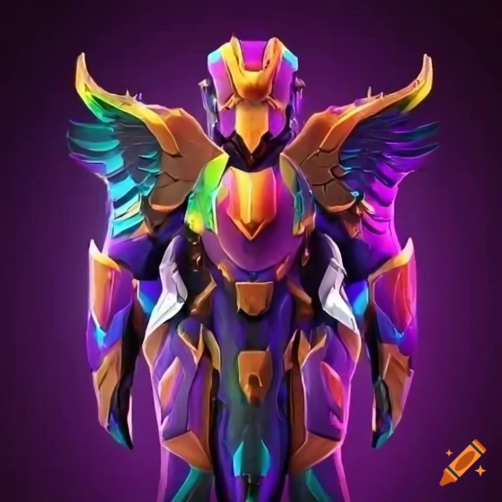 Stylized Valkyrie power armor design with a rainbow plasma phoenix theme