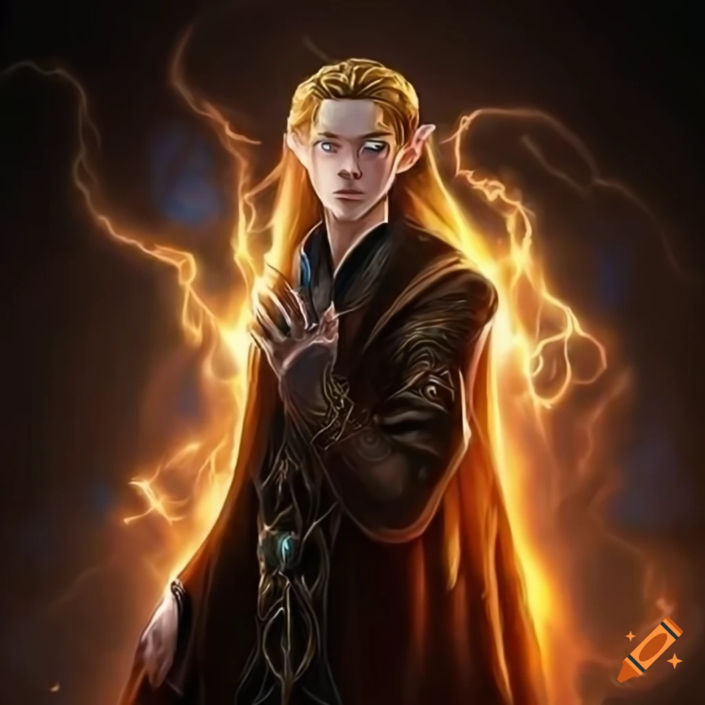 Handsome male elven wizard surrounded by elemental energies