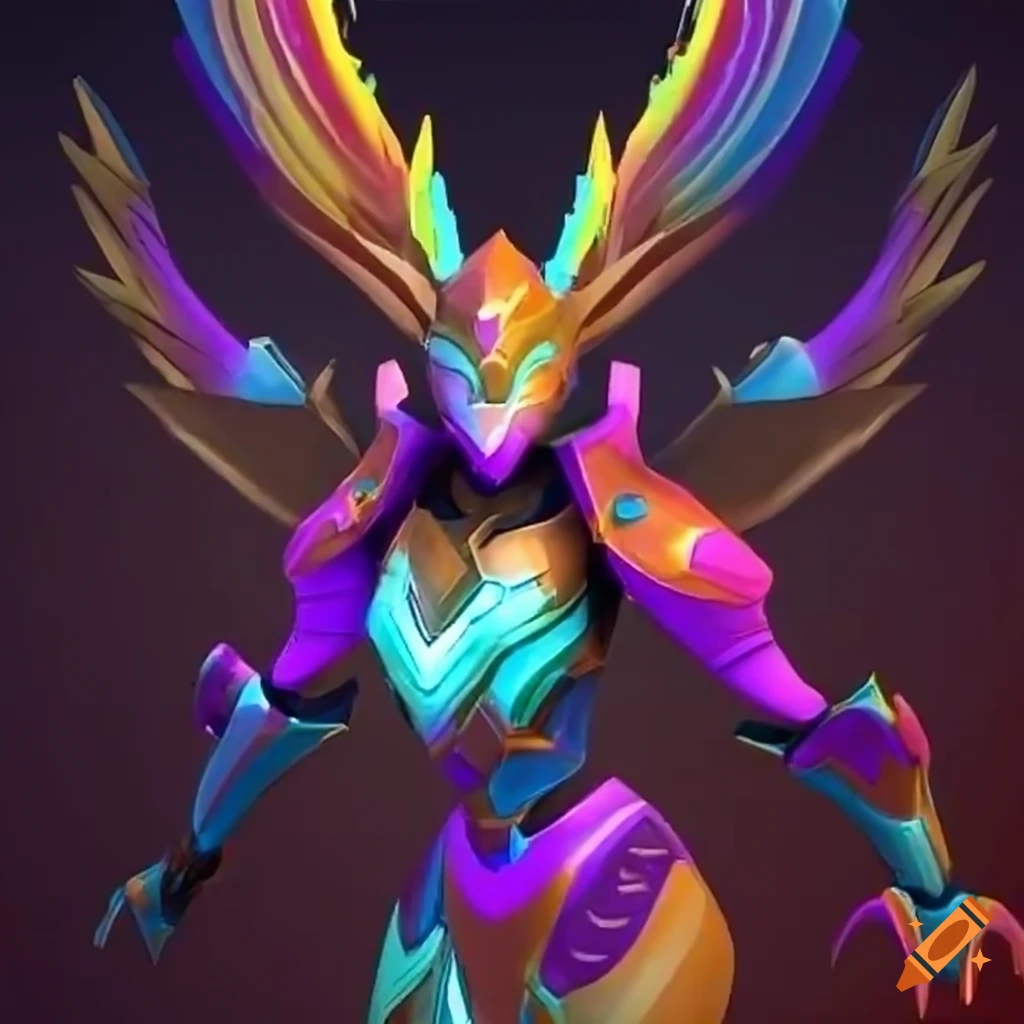Stylized Valkyrie power armor design with rainbow plasma phoenix theme