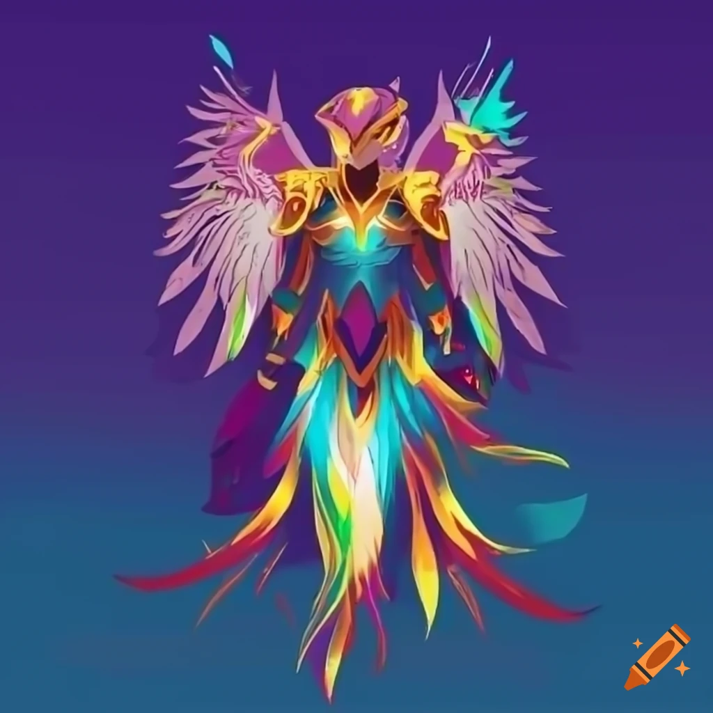 Stylized valkyrie power armor design with a rainbow plasma phoenix theme