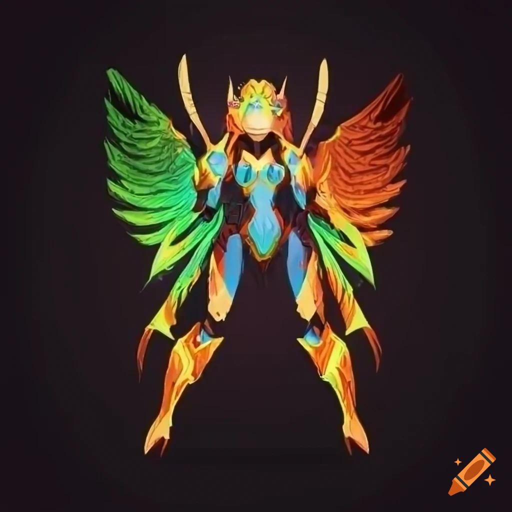 Stylized valkyrie power armor design with a rainbow plasma phoenix theme