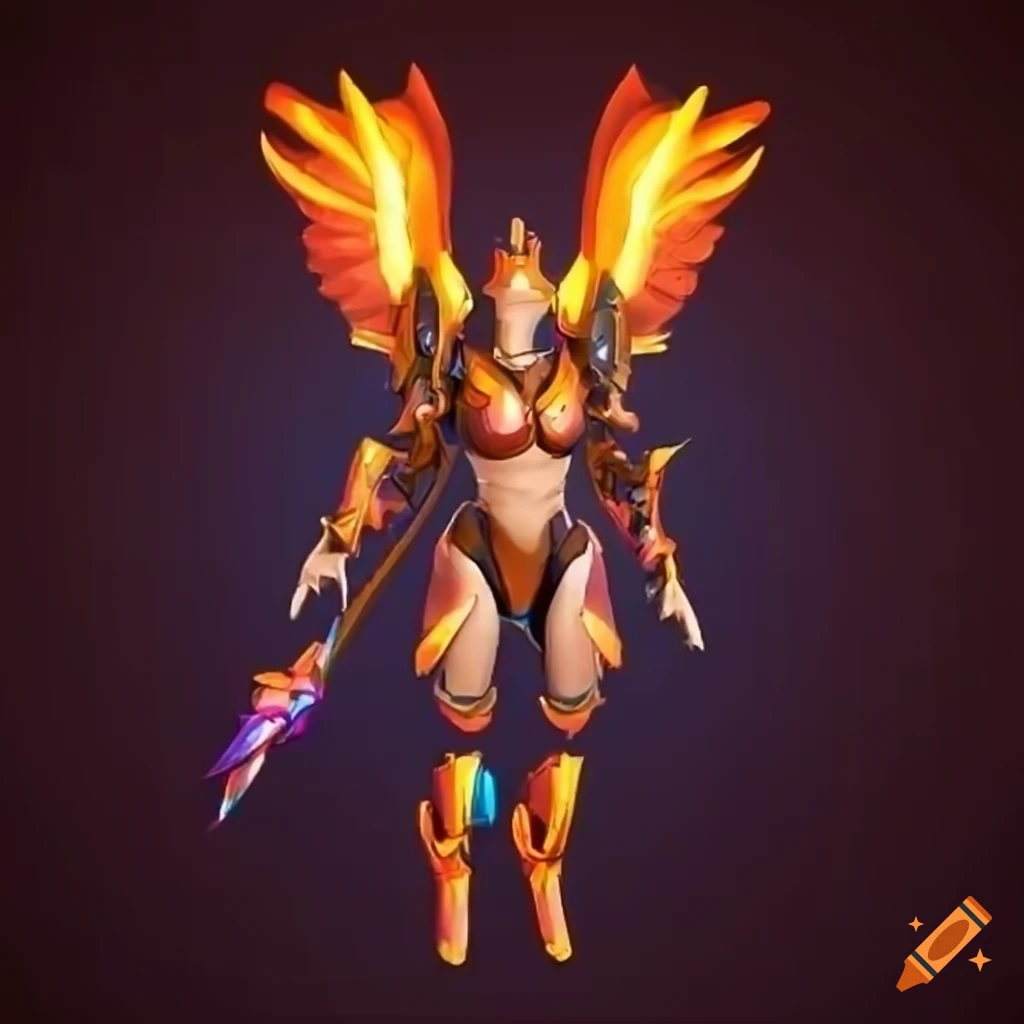 Stylized Valkyrie power armor design with a rainbow plasma phoenix theme