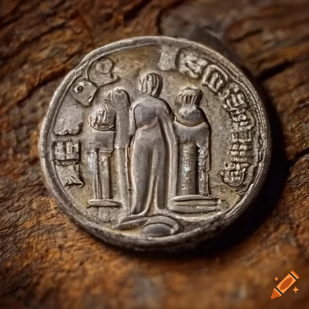 Various ancient Greek coins on an old wooden table with natural light, high resolution