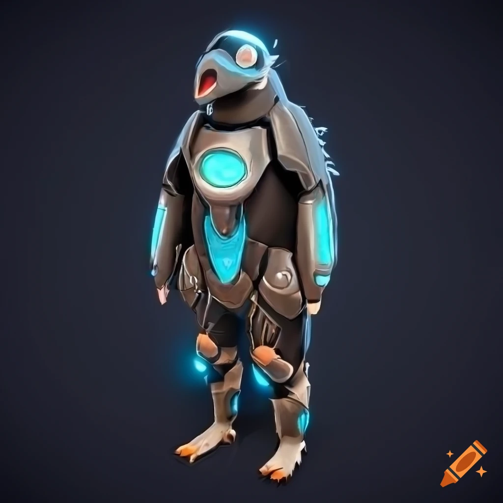 Cybernetic penguin armor with intricate design