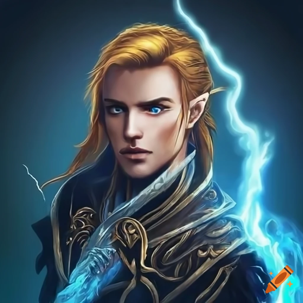 Handsome male elven wizard casting elemental magic