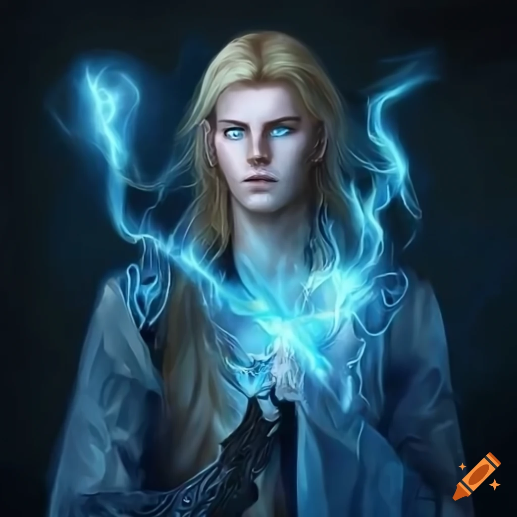 Handsome male elven wizard casting elemental magic