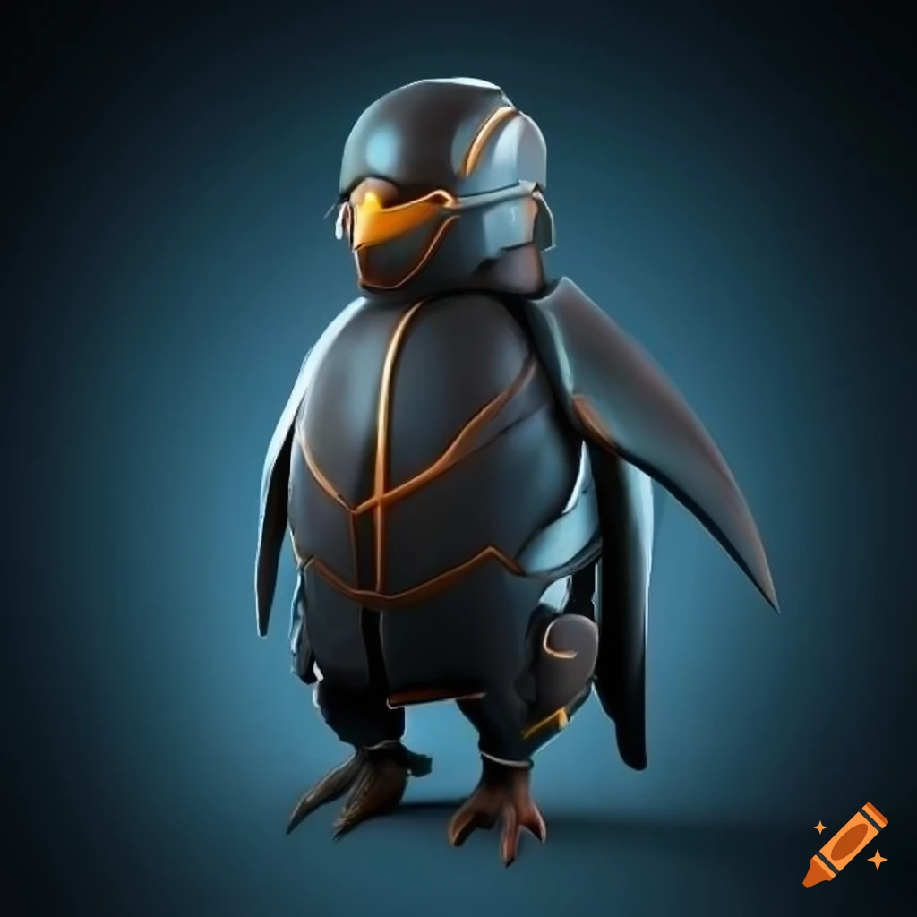 Cybernetic penguin armor with intricate details
