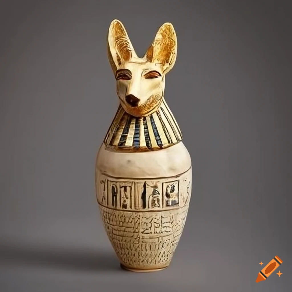 Ancient Egyptian jackal Canopic Jar decorated with hieroglyphs