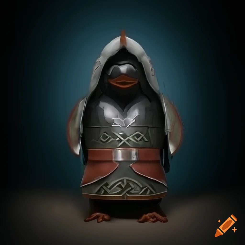Stylized penguin in viking rocket armor design