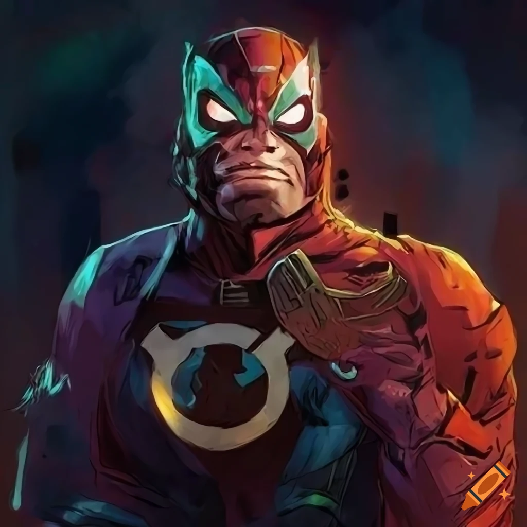 Strong superhero with chest symbol in stunning comic art style on Craiyon