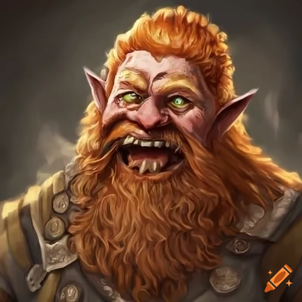 Laughing bearded dwarf with ginger hair from Baldur's Gate tavern