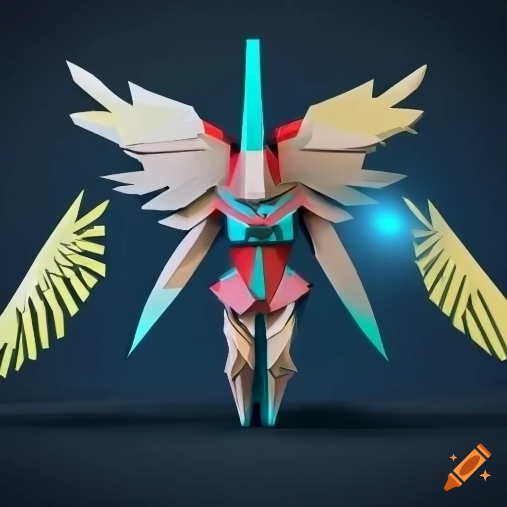 Stylized origami aztec valkyrie mecha render