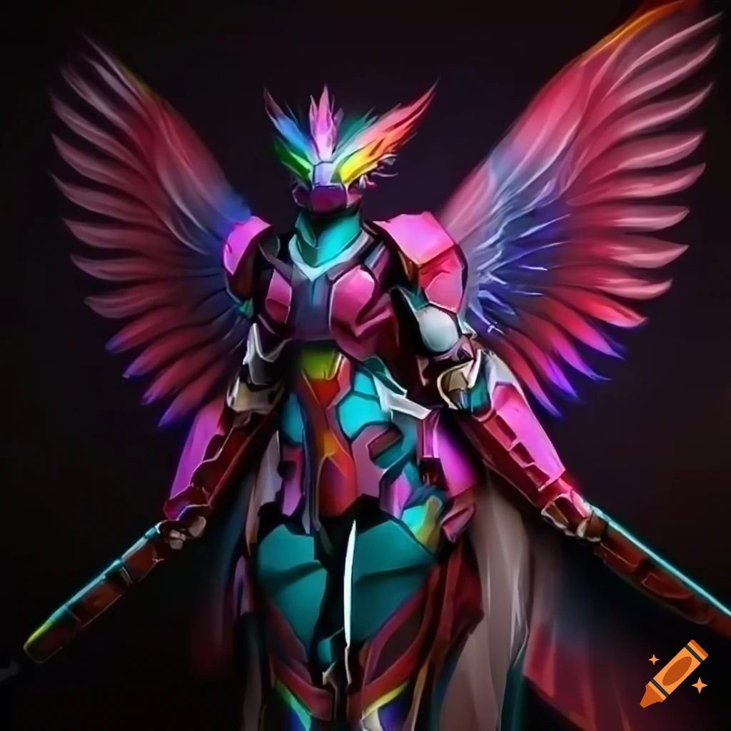 Stylized valkyrie power armor with rainbow plasma phoenix theme