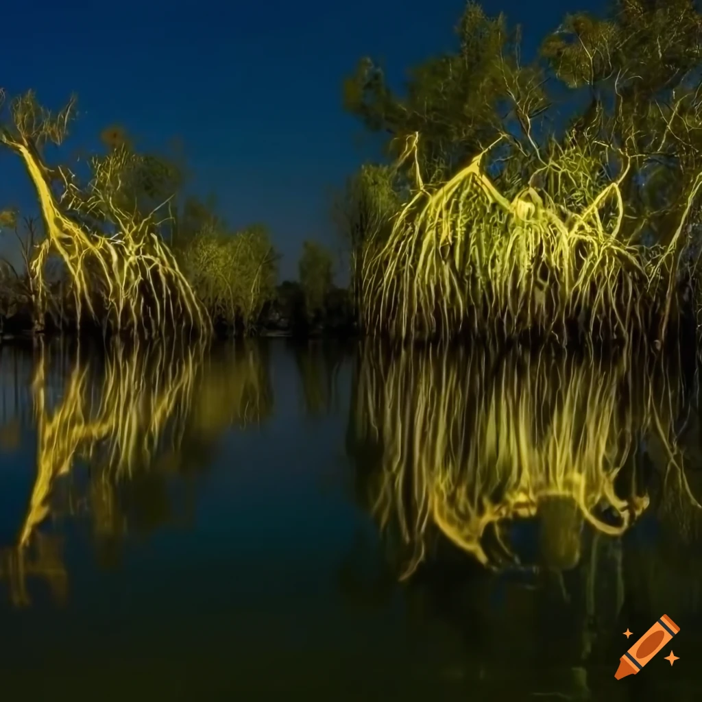 Moonlit wetlands with twisted mangrove trees and reflective waters