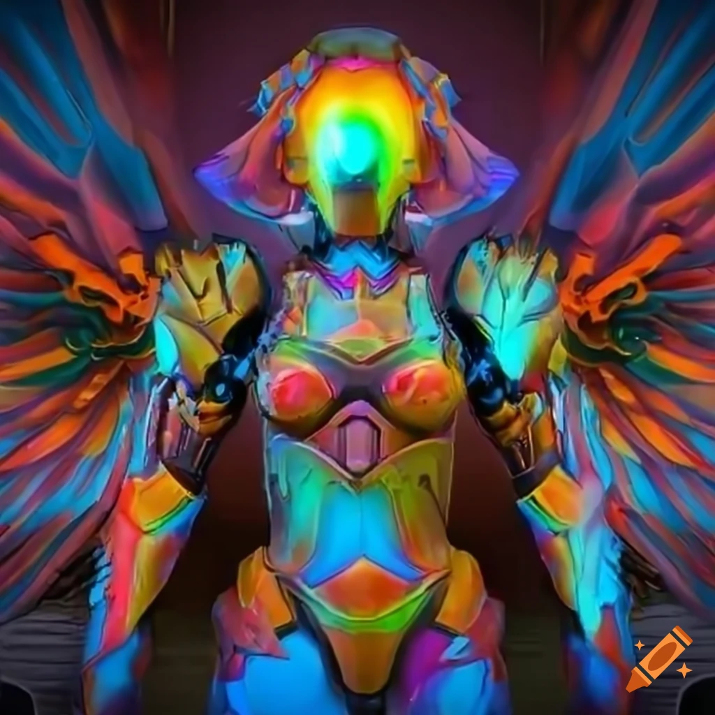 Stylized valkyrie power armor with a rainbow plasma phoenix theme