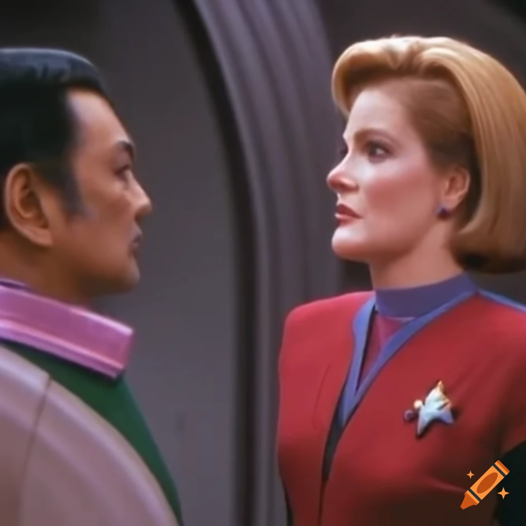 Captain Kathryn Janeway and Commander Chakotay investigating alien rock formations