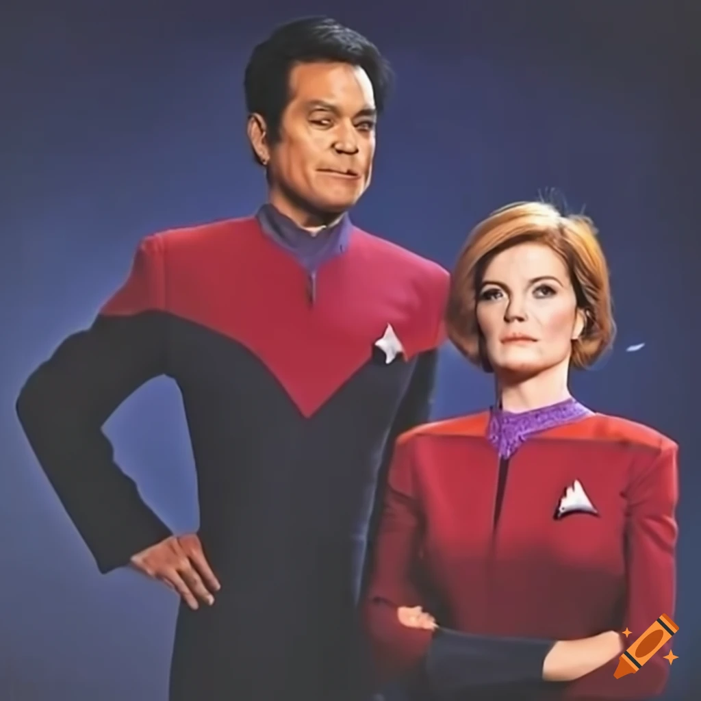 Captain Kathryn Janeway and Commander Chakotay investigating alien rock formations