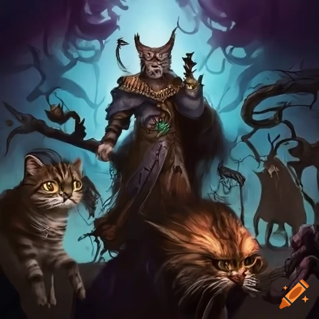 Feline sorcerer with army of undead minions in an enchanting setting