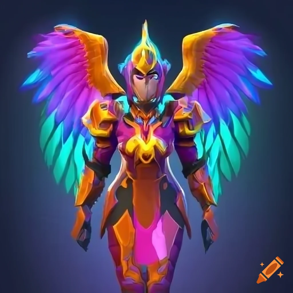 Stylized Valkyrie power armor design with a rainbow plasma phoenix theme