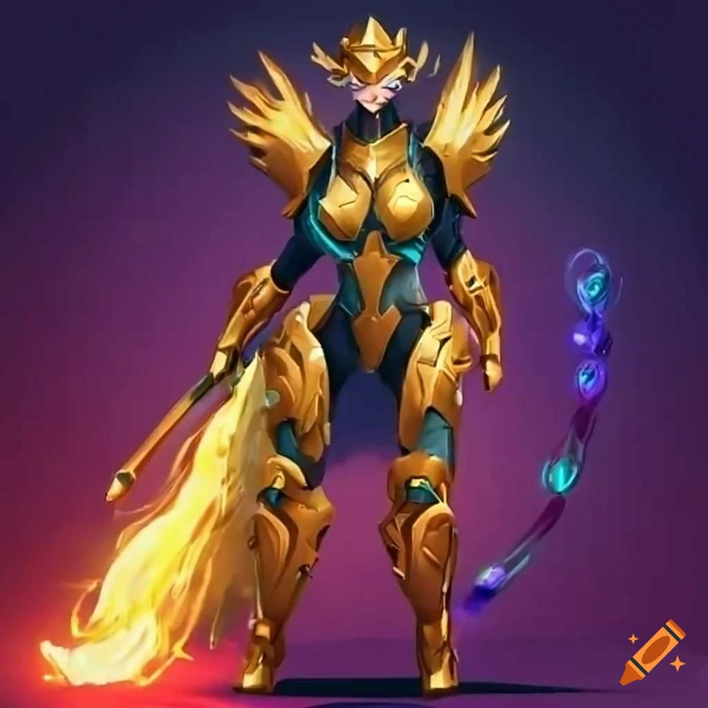 Stylized valkyrie power armor design with rainbow plasma phoenix theme