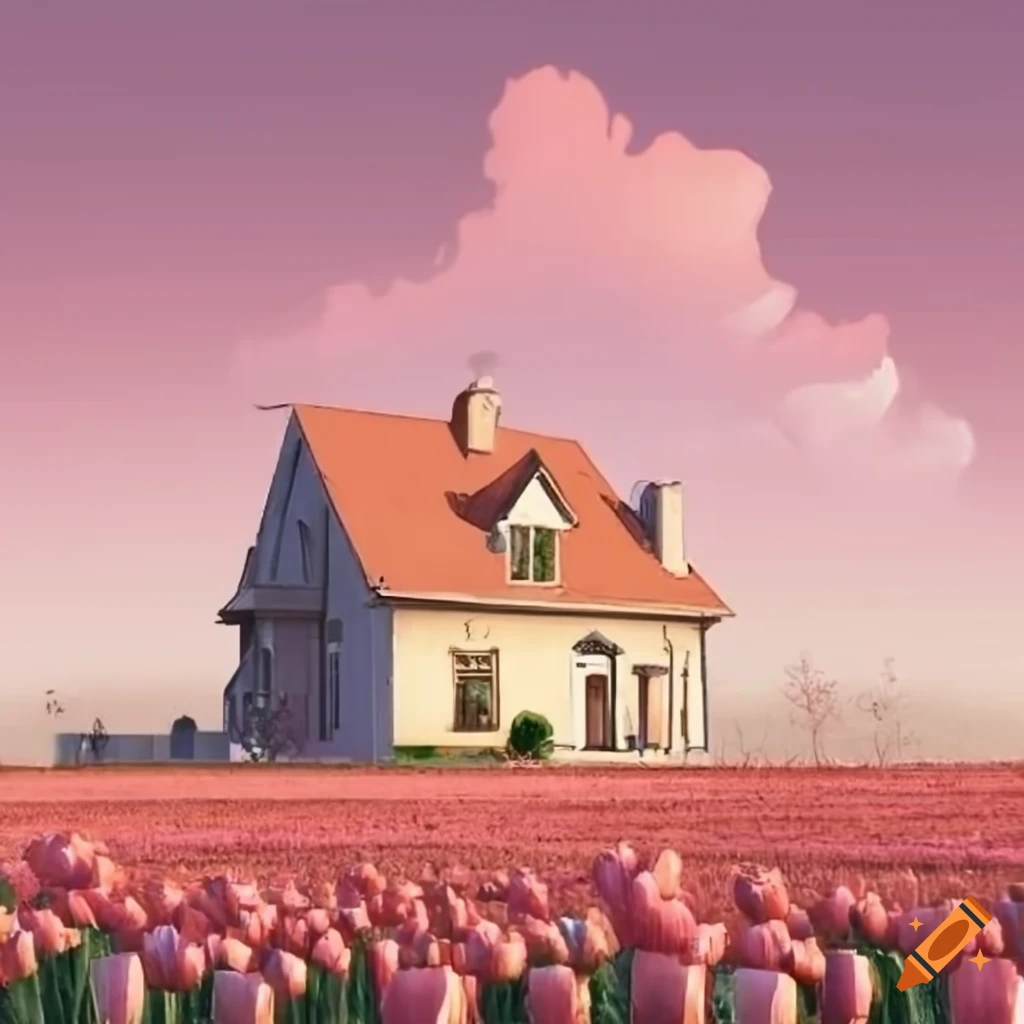 Old style two-floor house surrounded by tulip fields and a path