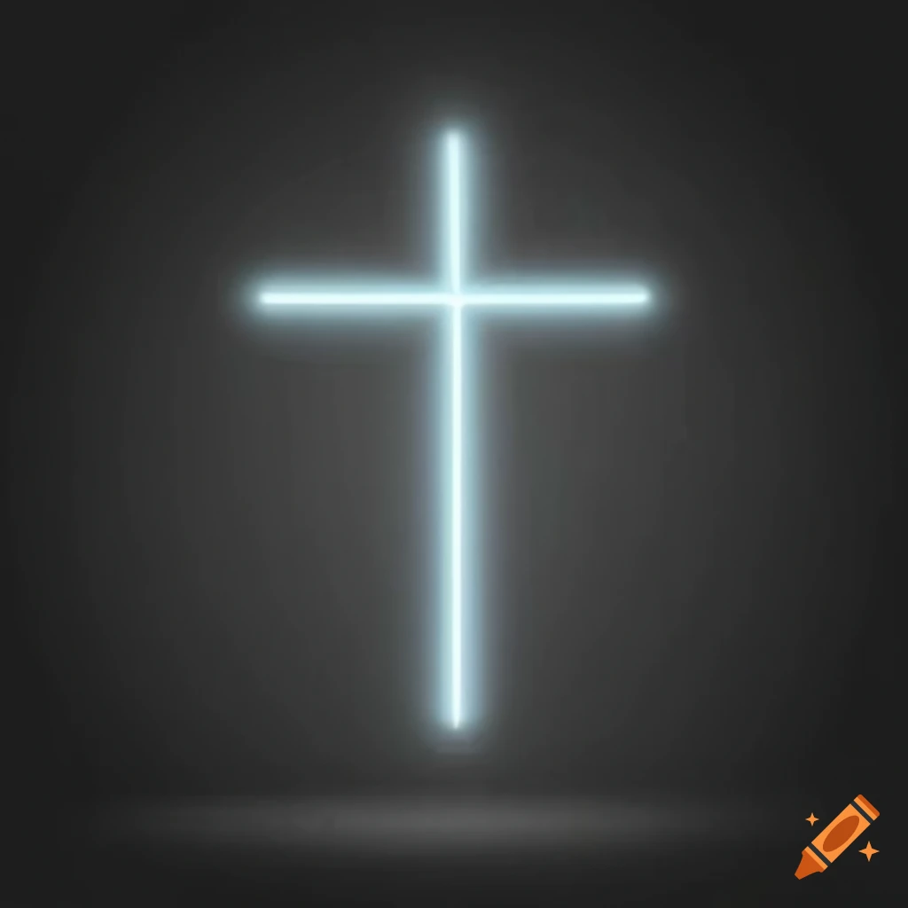 Neon white Christian cross on a black background
