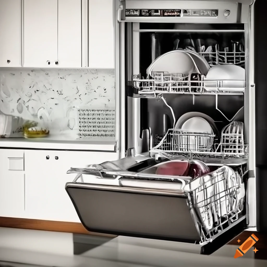 Organized clean dishes in an open dishwasher