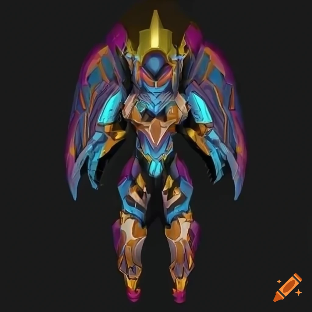 Stylized valkyrie power armor with a rainbow plasma phoenix theme