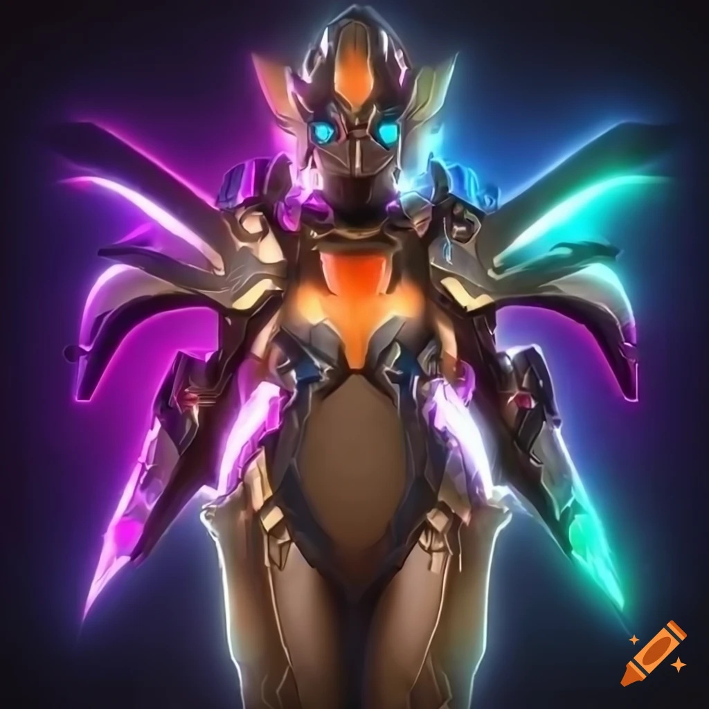 Stylized valkyrie power armor with rainbow plasma phoenix design