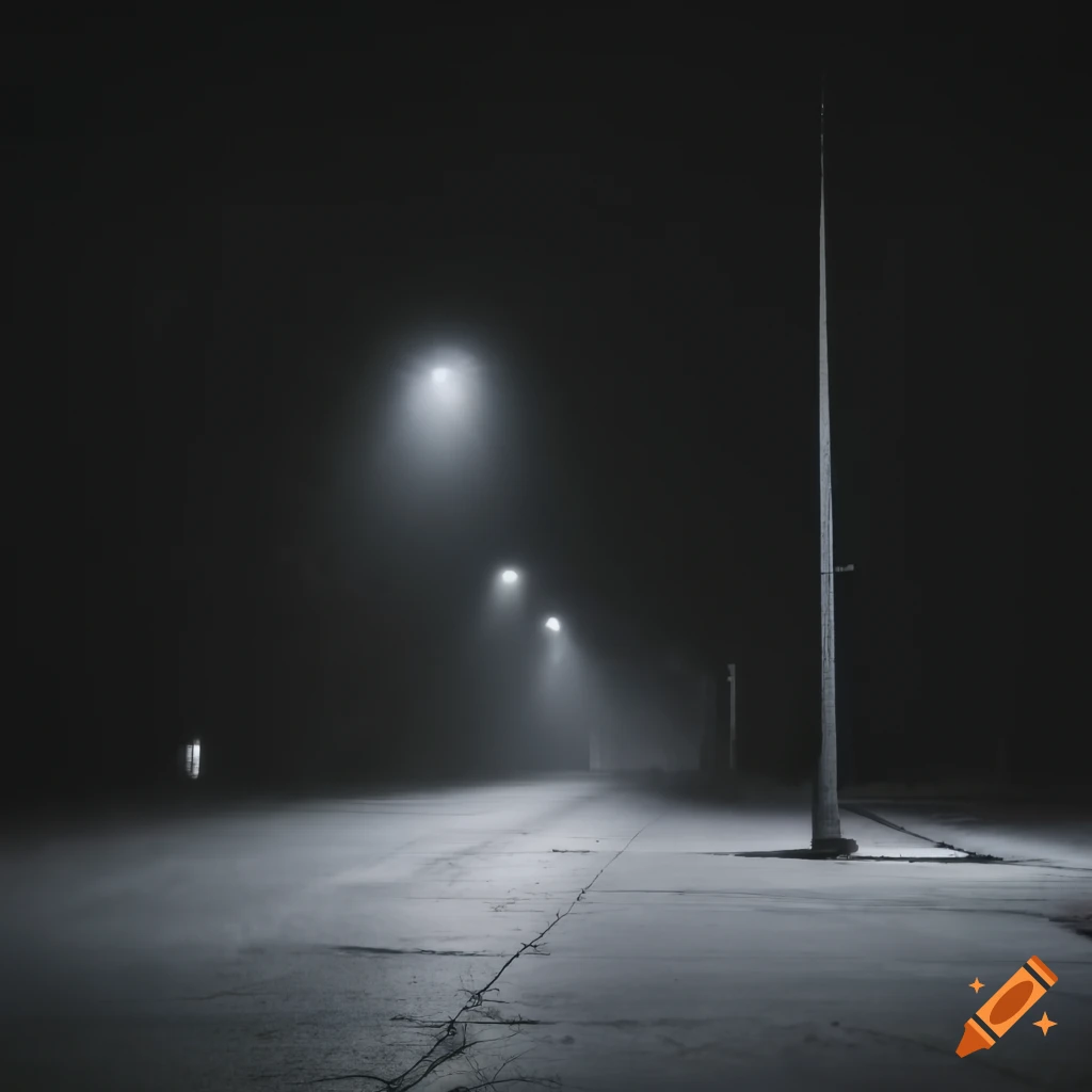 Foggy night in an empty parking lot with street lights on