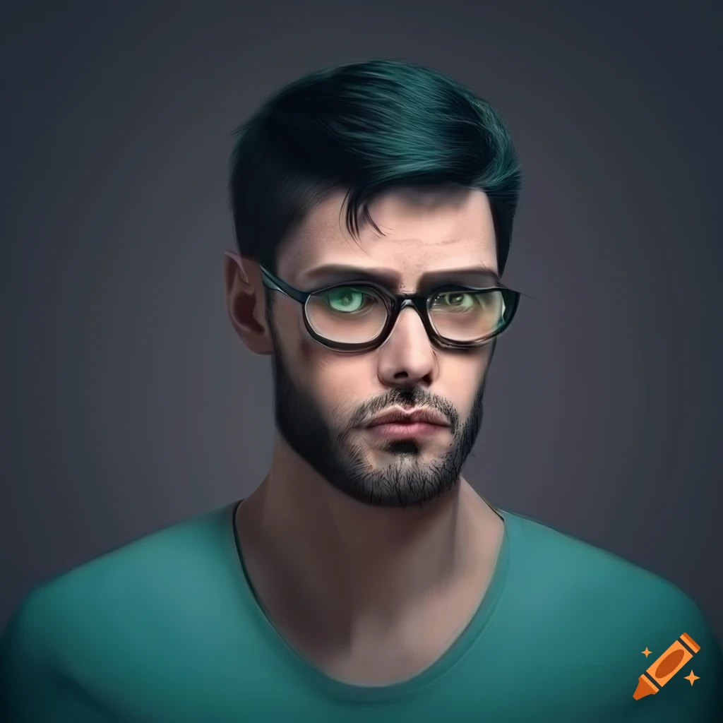 Portrait of a man with green eyes, black hair, and glasses on Craiyon