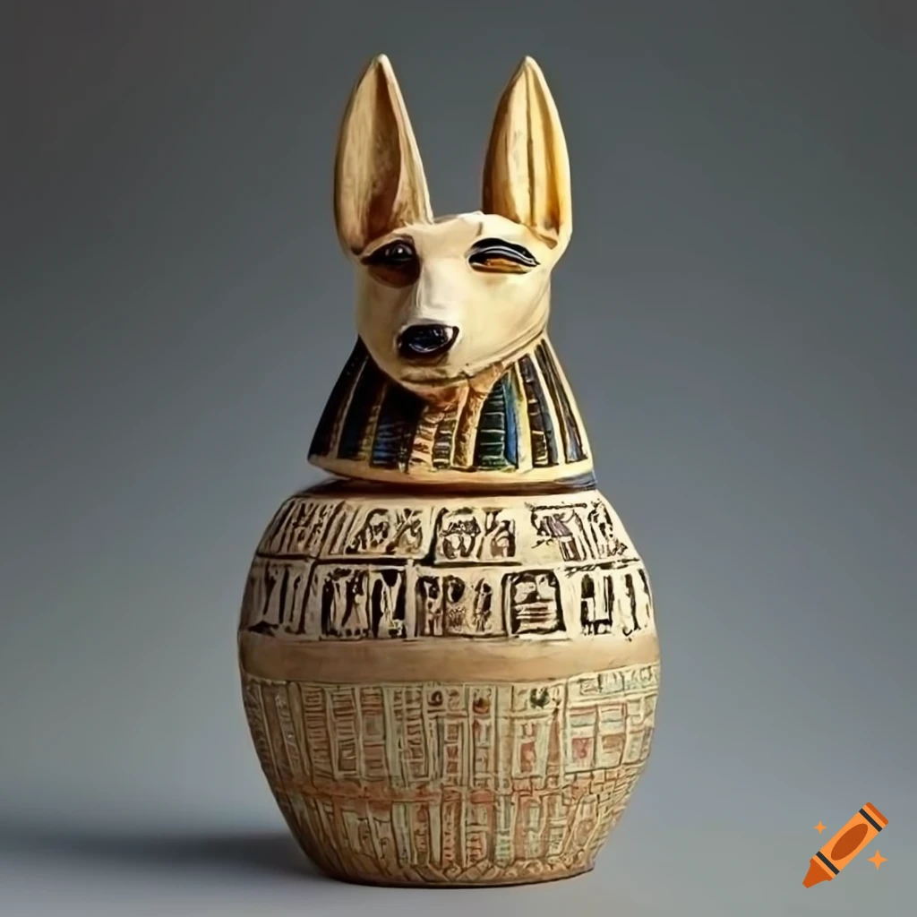 Ancient Egyptian jackal Canopic Jar decorated with hieroglyphs