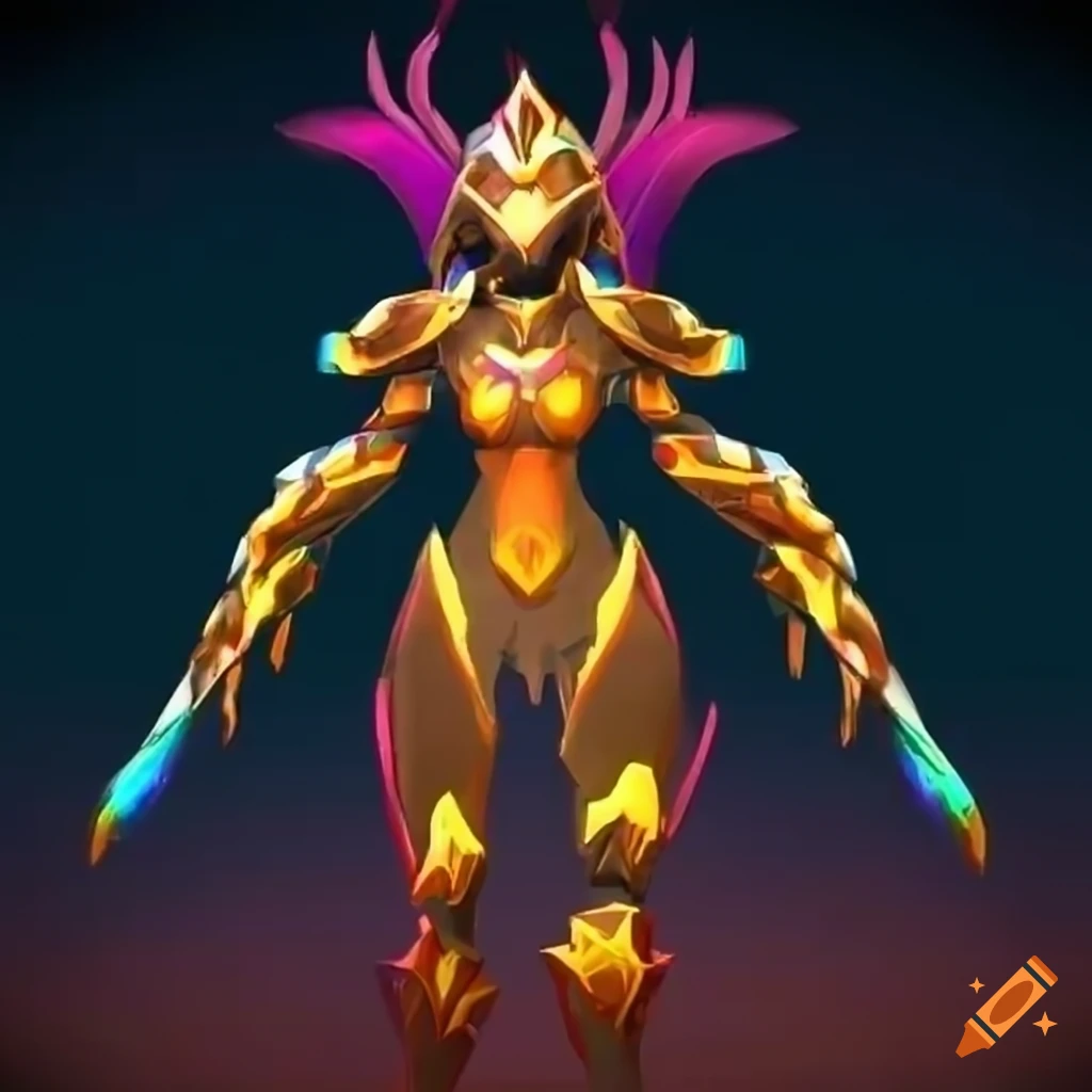 Stylized valkyrie power armor with rainbow plasma phoenix design