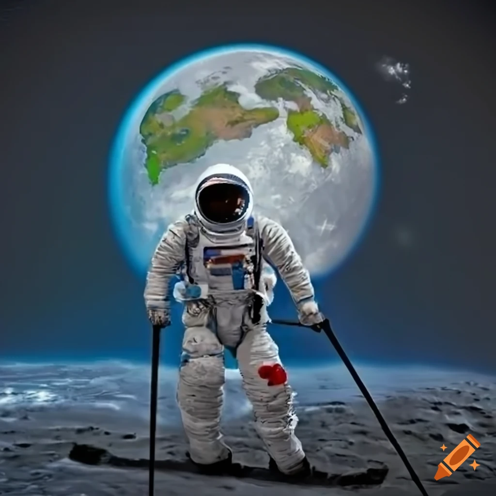 Astronaut skiing on the moon with Earth in the background