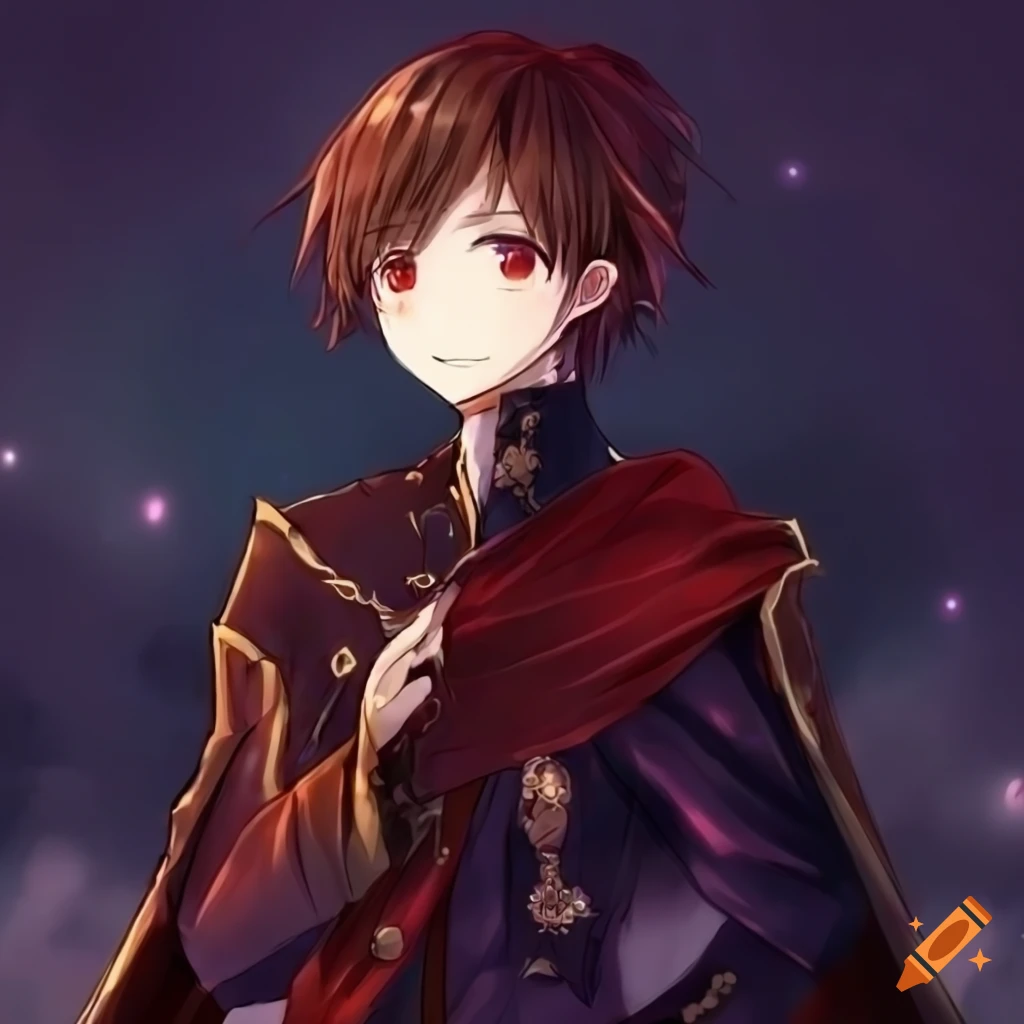Anime boy with brown hair in vampire noble commander attire from Madoka Magica