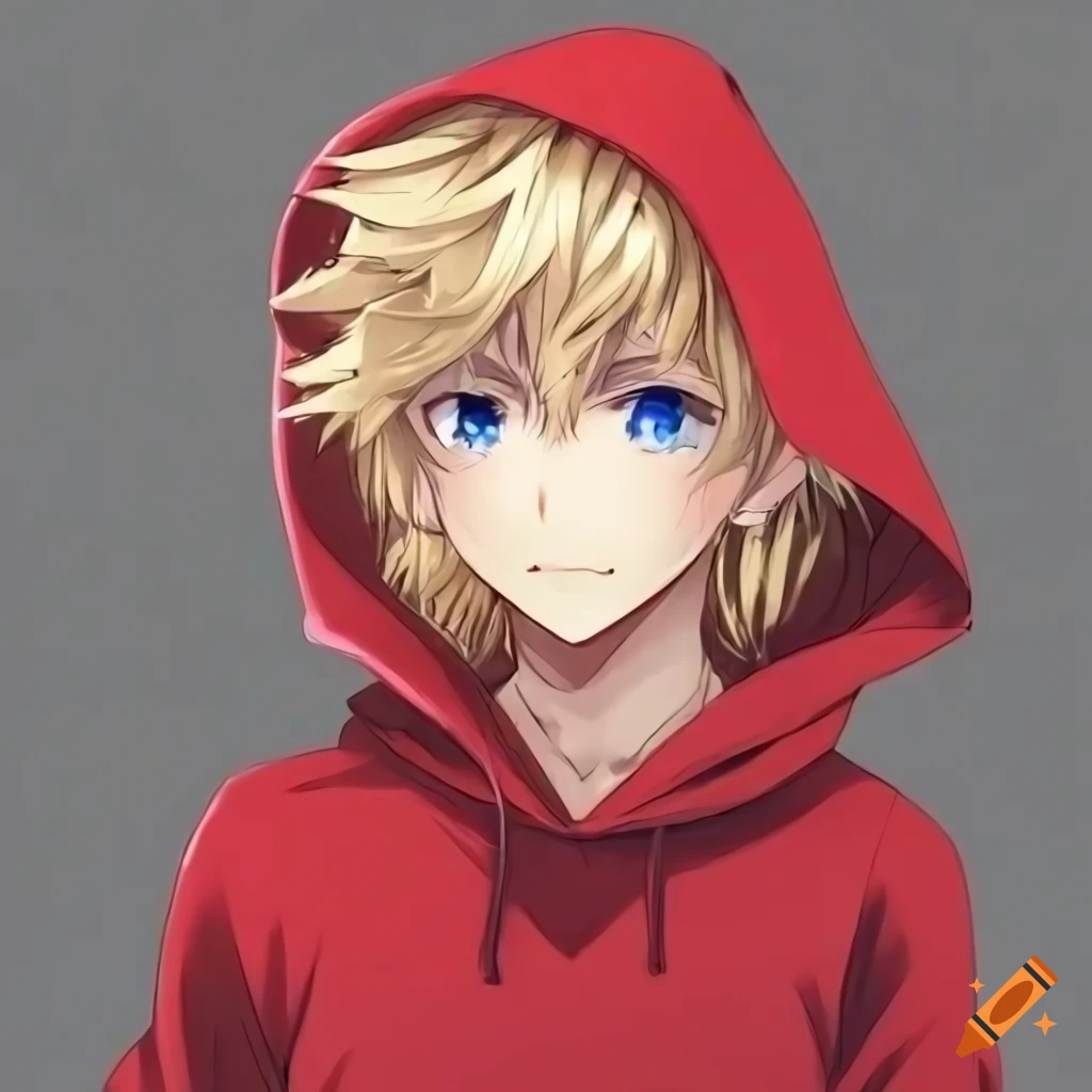 Blond anime boy in red hoodie with dog ears and tail