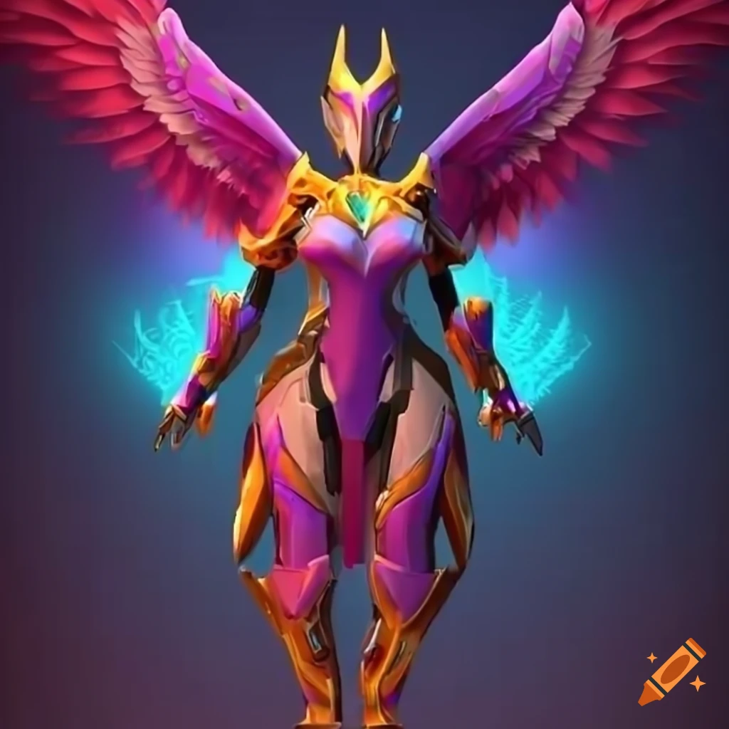 Stylized valkyrie power armor design with a rainbow plasma phoenix theme