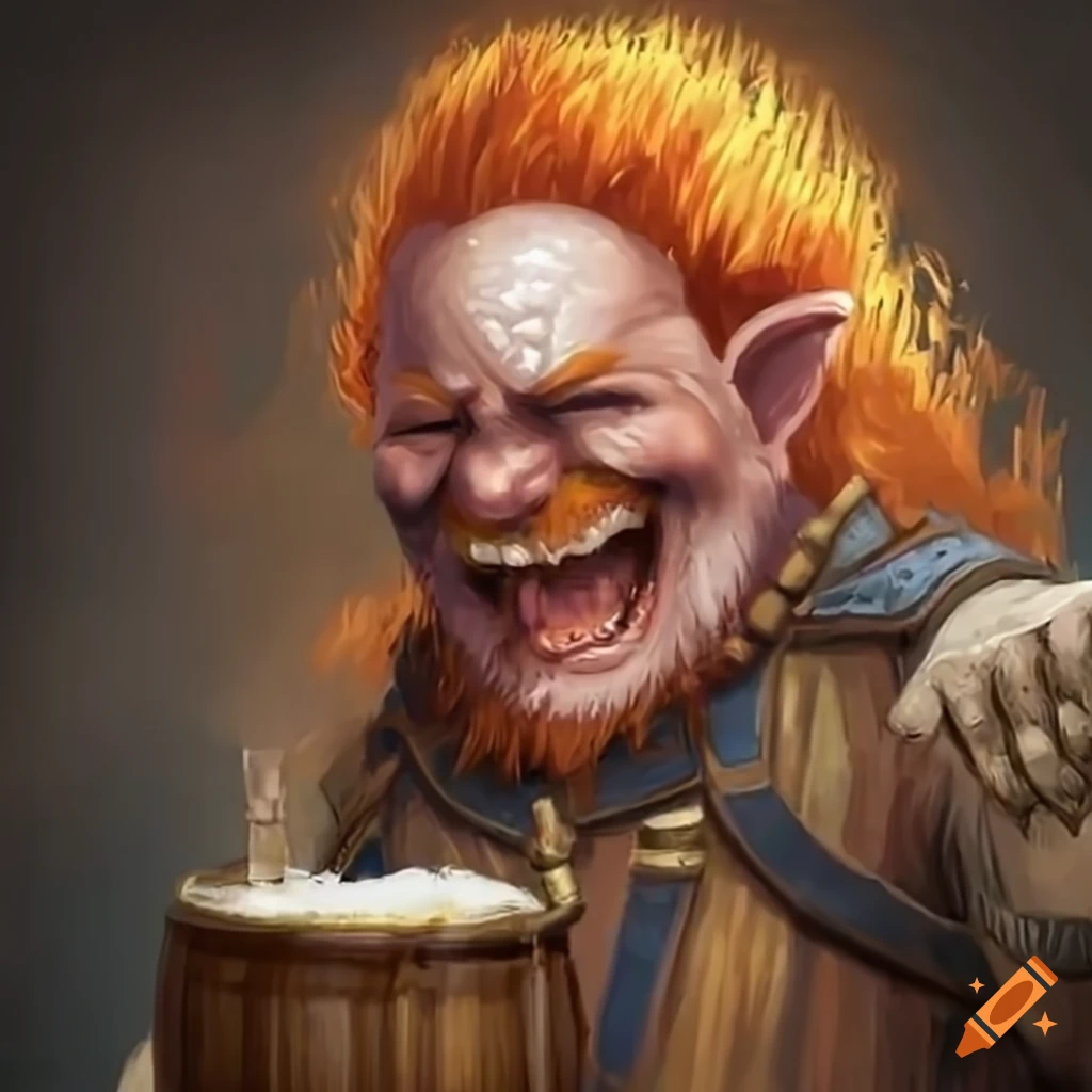 Laughing dwarf with ginger hair in a tavern drinking ale