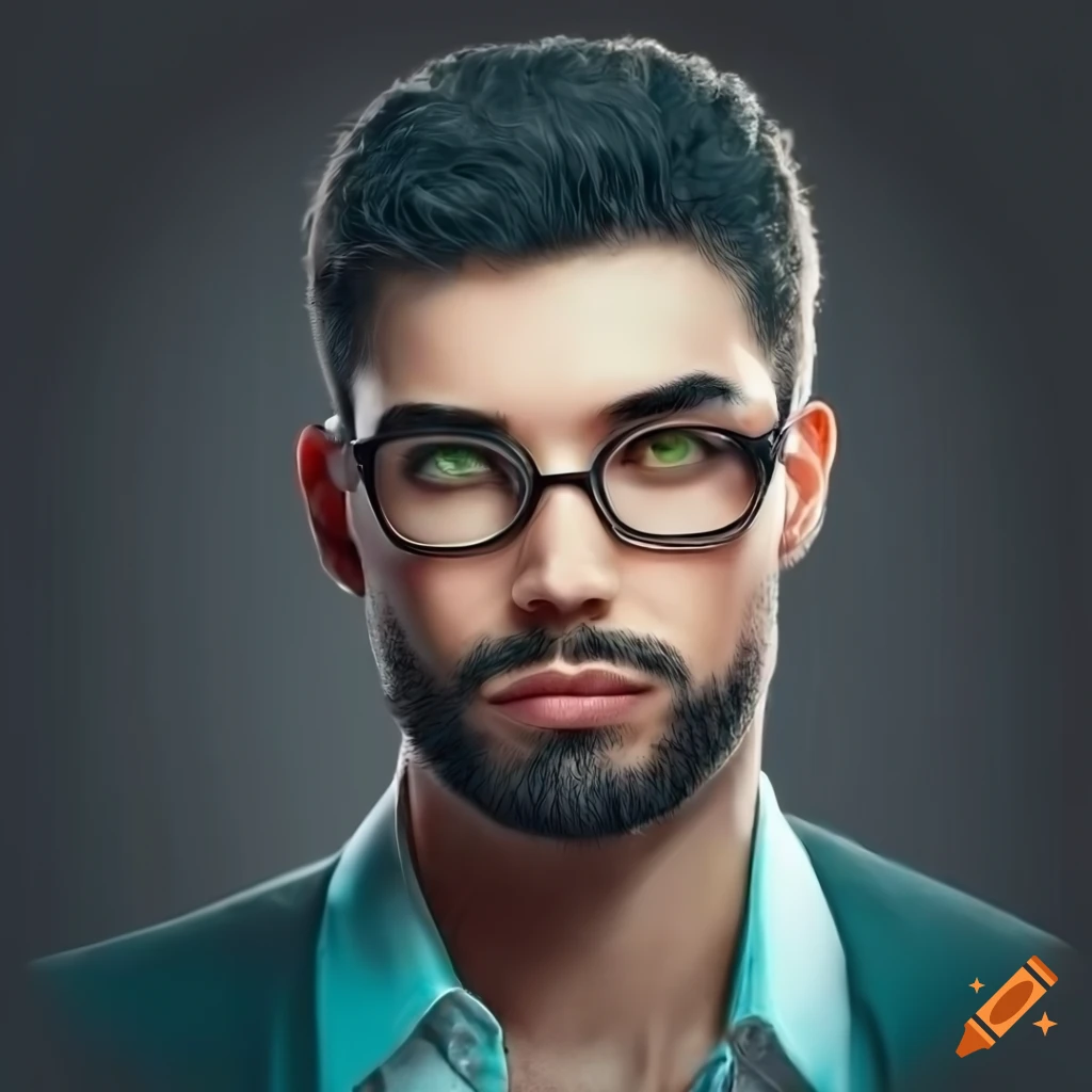 Portrait of a man with green eyes, black hair, and glasses on Craiyon