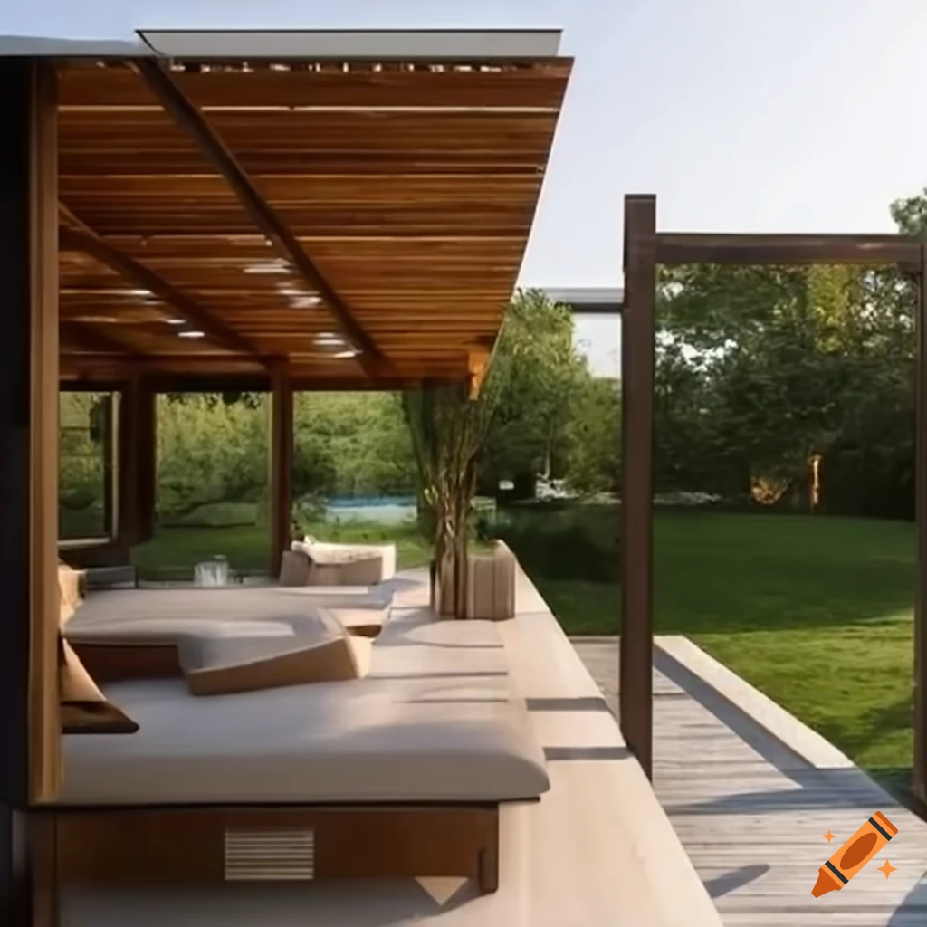 Modern villa courtyard with pergola seating area and water fountain