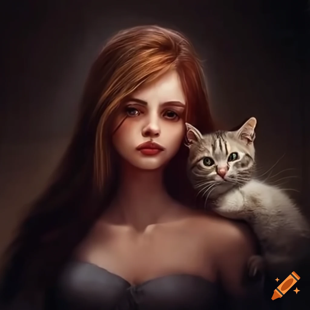 Realistic woman sleeping on her side in bed with a cat