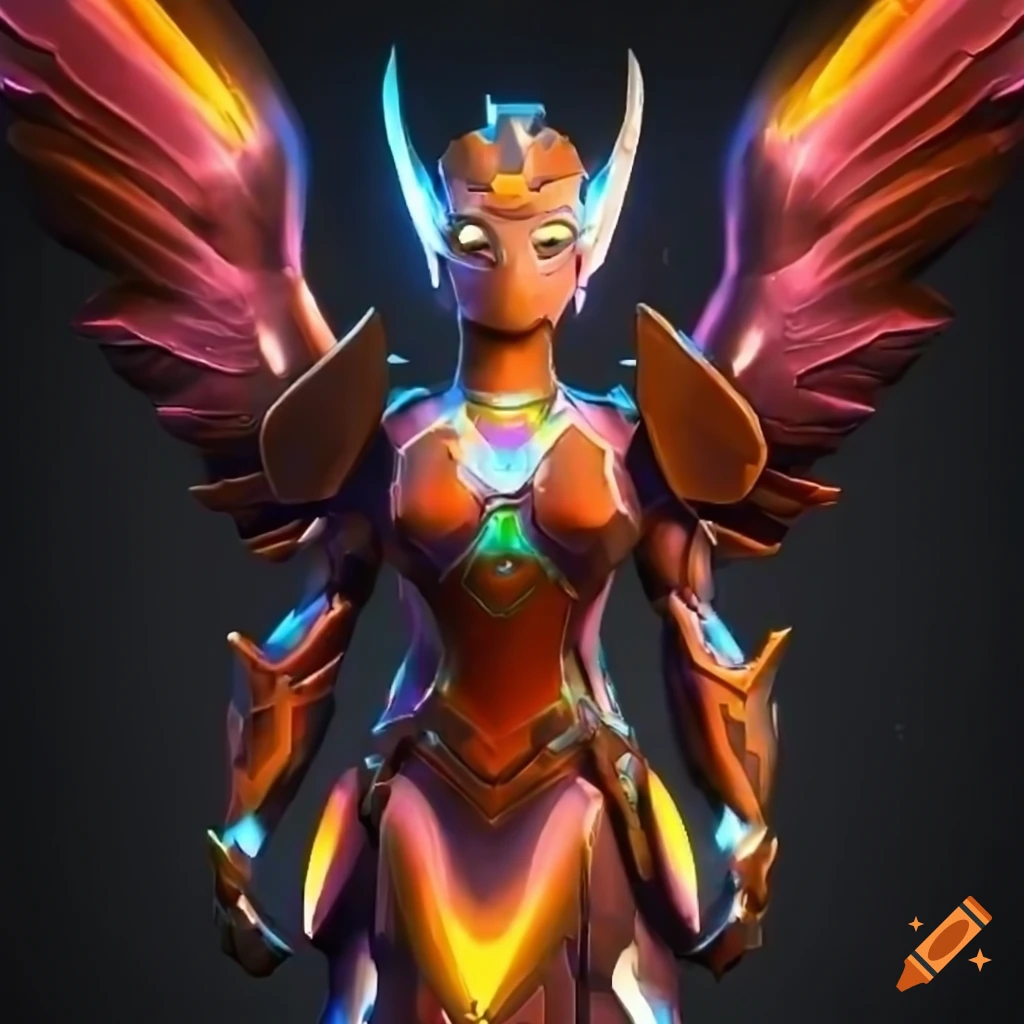 Stylized valkyrie power armor with a rainbow plasma phoenix theme