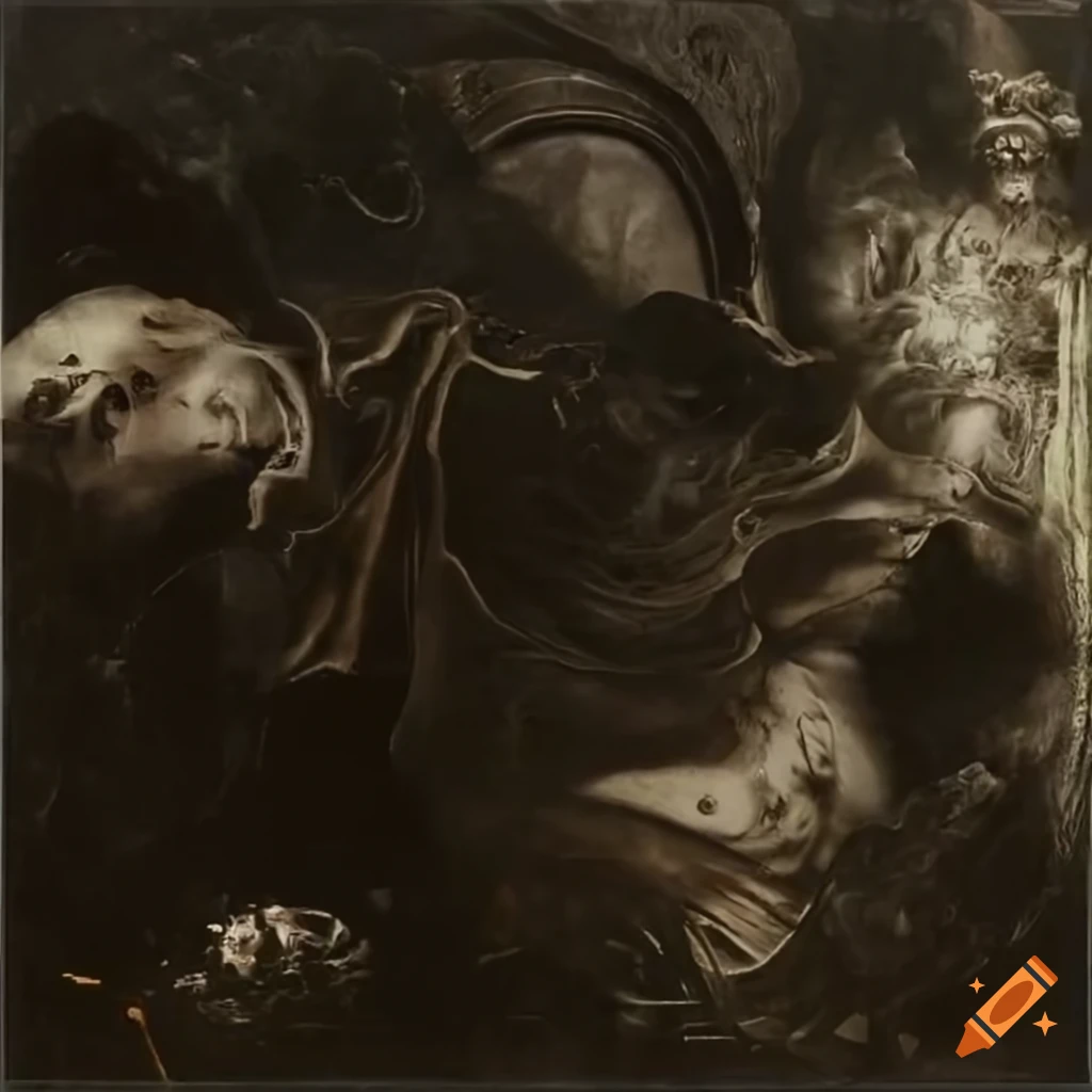 Baroque baron inside Pandemonium landscape with esoteric collage of hell and hades enveloped in smoke