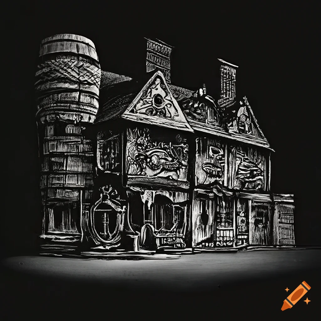 Intricate black and white woodcut etching of a mythical pub setting with ornate woodcarvings and stacked barrels