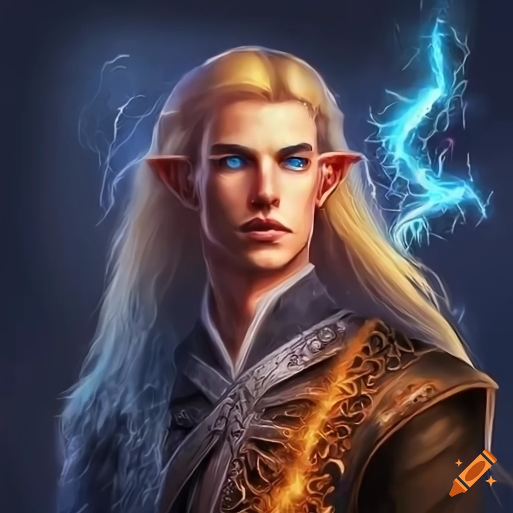 Handsome male elven wizard surrounded by elemental energies