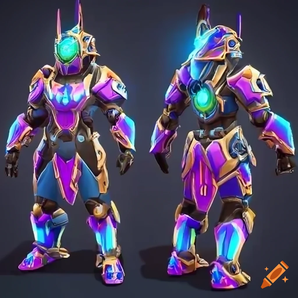 Stylized valkyrie power armor with a rainbow plasma phoenix theme
