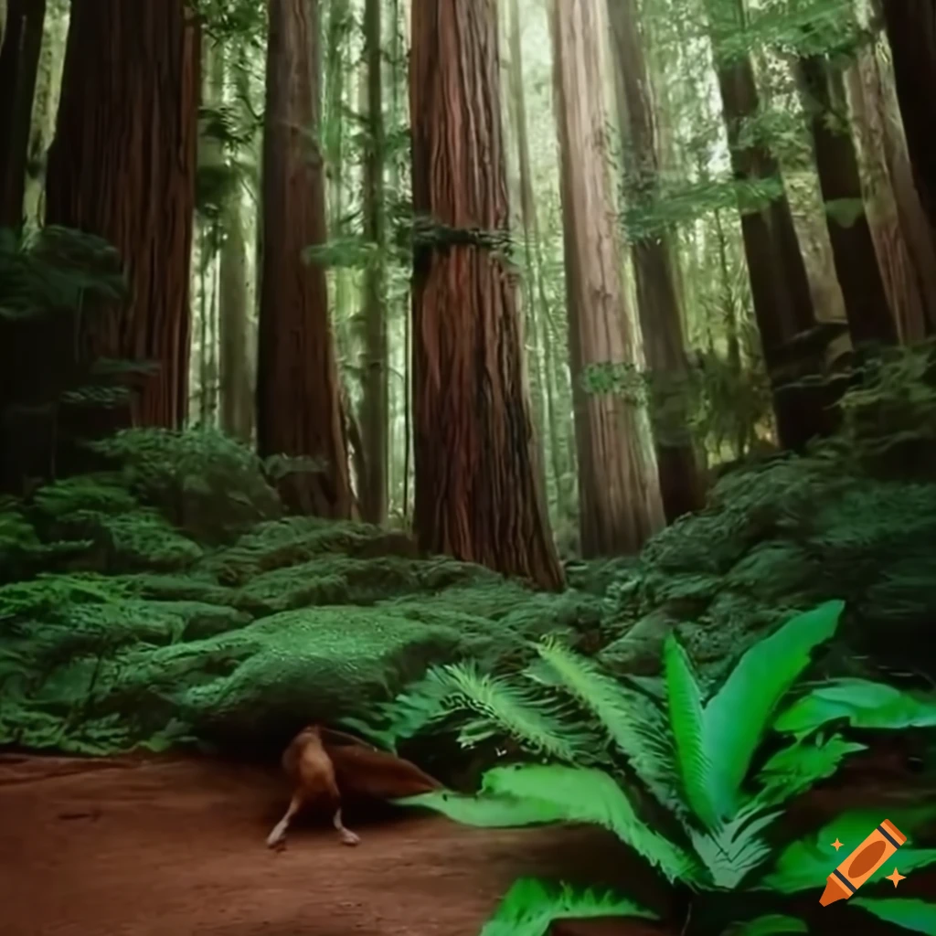 Hypsilophodon dinosaurs among ferns in a redwood forest
