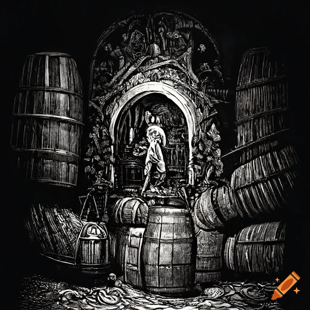 Intricate black and white woodcut etching of a mythical pub under a moonlit sky with ornate woodcarvings and stacked barrels by Gustave Doré